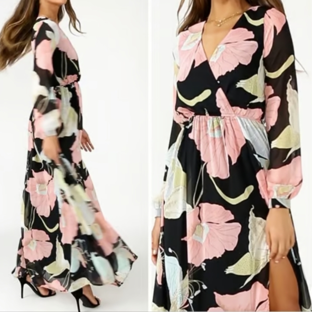 Lulu's Black and Pink Wrap Maxi Dress with Bishop Sleeves
